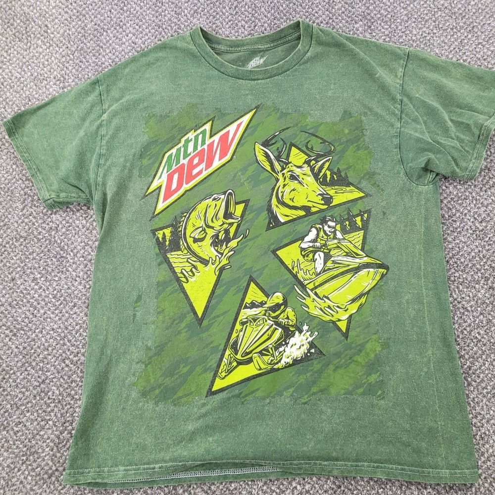 Mountain Dew Green Graphic T-Shirt Mens Med. Hunting Fishing Jet Ski Snowmobile